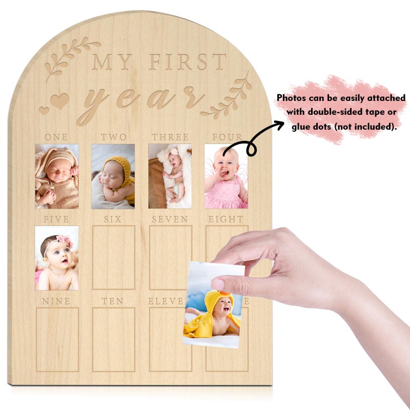 hongpar My First Year Photo Display Wood Board Baby's First Year Photo Frame Milestone Board 12 Months Baby Picture Frame 1st Birthday Nursery Decorations for Boy Girl Baby Keepsake Gift for Mom (2" x 3" photos - Wallet Size) - Image 3